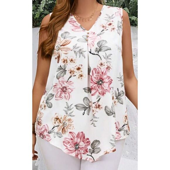 Emory Rose Pleated Tank Top Size XL Sleeveless Blouse Floral  Asymmetrical Light - Picture 1 of 14